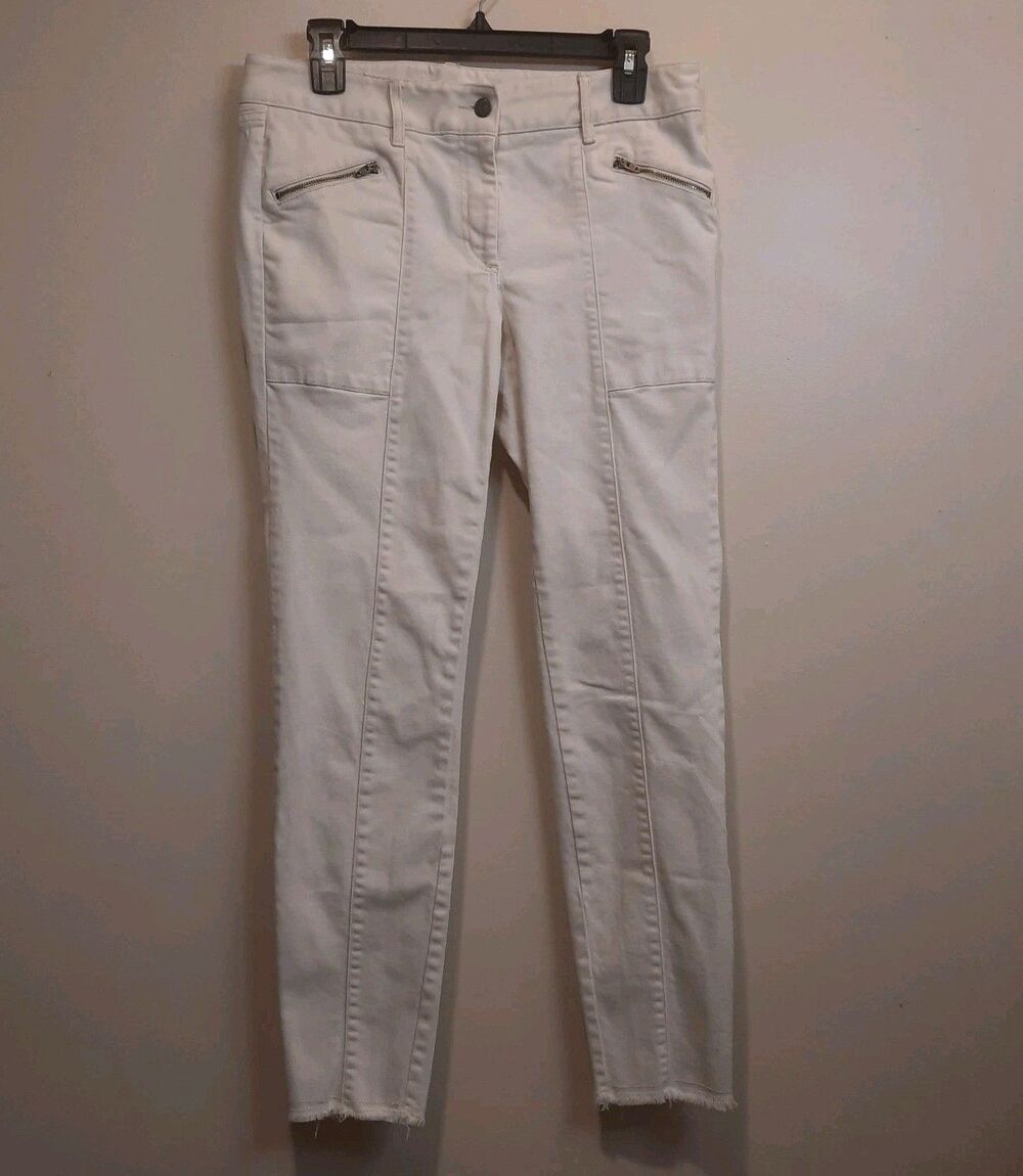 LOFT Ann Taylor Skinny Jeans Women's Size 6 White Zippered Pockets Fringe Hem